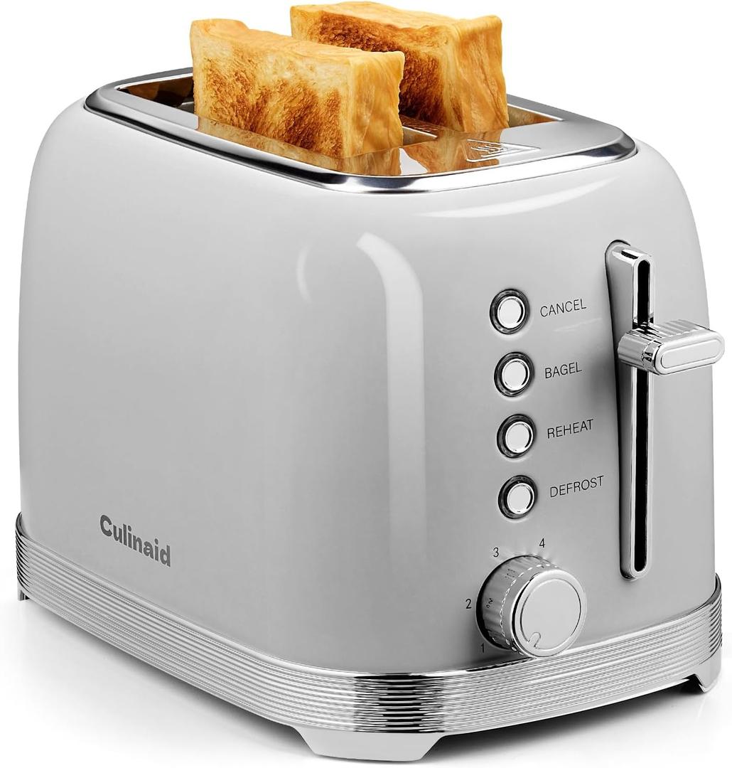 Culinaid Toaster 2 Slice Retro Stainless Steel with 1.5” Extra Wide Slots Bagel, Defrost, Reheat, Cancel Functions, 6 Bread Shade Settings, Removable Crumb Tray, Gray