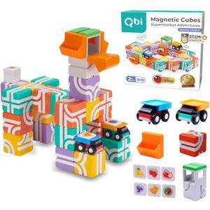 QBI Magnetic Blocks for Toddlers Ages 2-4STEM Magnetic Building Blocks with Trucks & Fruit TilesMontessori Magnet Building Cubes for KidsEducational Gifts for Boys & Girls Ages 2+ (32PCS)