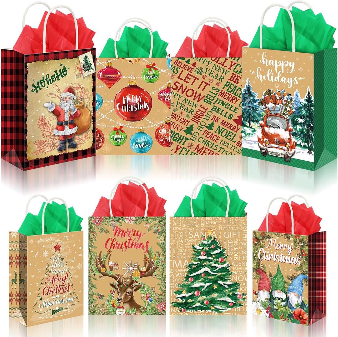Cholemy 40 Pack Christmas Bags Bulk with 40 Tissue Paper Reusable Christmas Goody Sack Kraft Xams Gift Tote Bags with Handles(4.72 x 6.3 x 3.15 in, 8.27 x 5.91 x 3.15 in, 8.27 x 10.63 x 4.33 in)