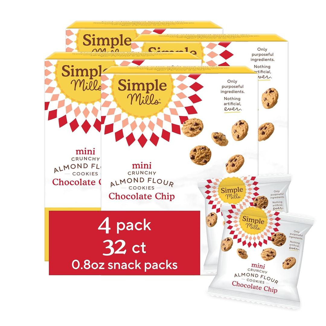 Simple Mills Almond Flour Mini Chocolate Chip Cookie Snack Packs, Healthy Snacks for Kids, Individual Packs, Gluten Free, 8ct (Pack of 4) (6.5 Ounce (Pack of 4))