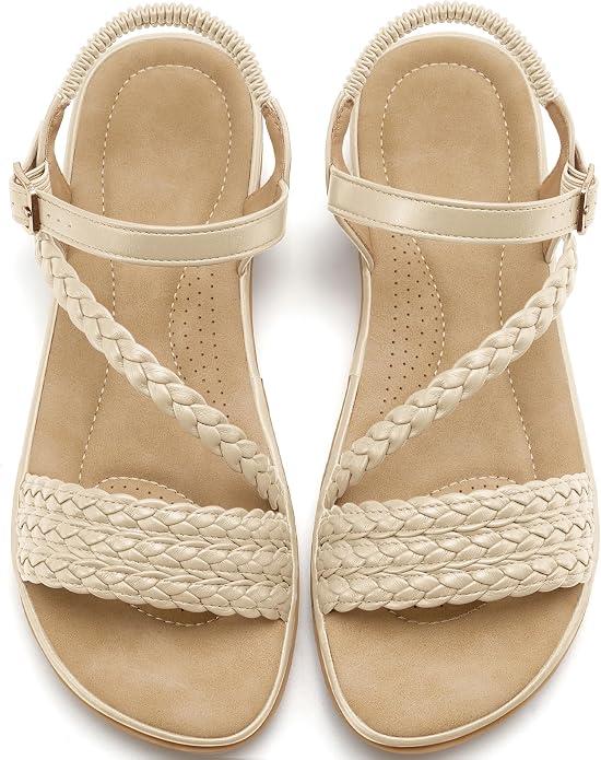 Aomigoct Dressy Womens Sandals Summer: Comfortable Strappy Flats Sandals Women - Casual Walking Woman Shoes 7.5