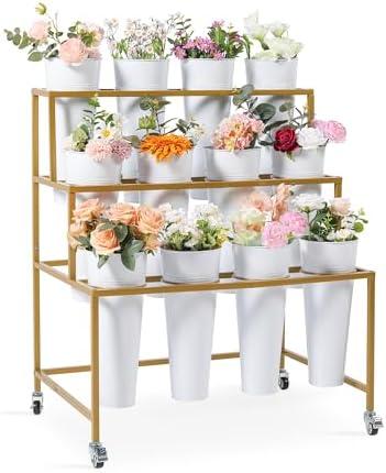 Ruifabo Flower Cart Display Stand, 3 Layers Metal Flower Bar Stand with 360° Swivel Wheels and Brake, Flower Display stand with Iron Buckets, Durable than Plastic Buckets, Flower Holder for Florist or Wedding