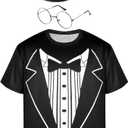 Tuxedo White Funny Men's T Shirt Classic Party Humor Vintage Shirt with Hats Black Top Hat and Metal Frame Glasses, M