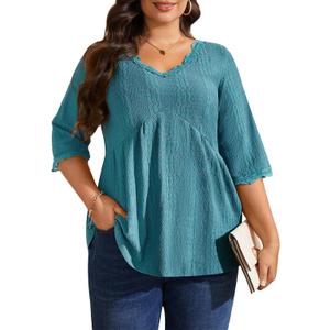 Plus Size Tops for Women 3/4 Lace Sleeve Shirts V Neck Blouses Casual Loose Tunic Tops to Wear with Leggings (XXL)
