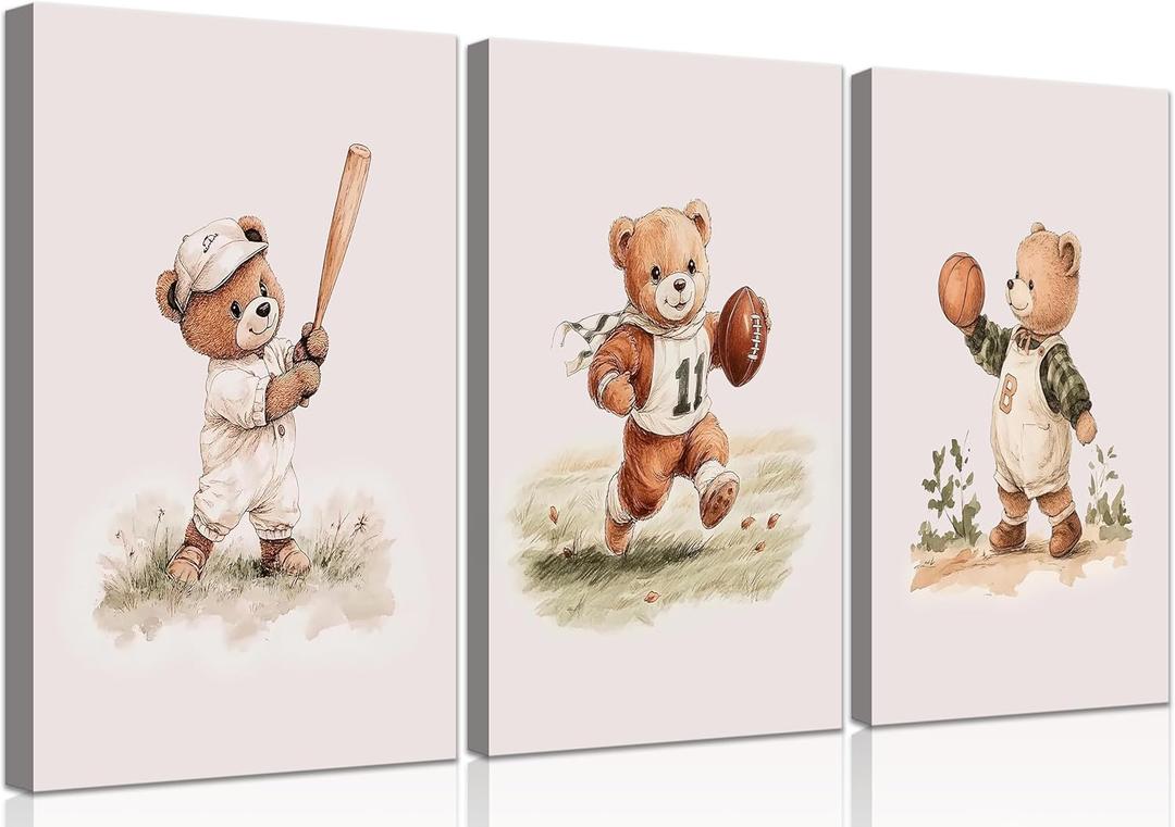 VOIKRTJX Nursery Teddy Bear Wall Art Boy Sports Paintings Wall Decor Baby Boy Wall Art Nursery Sports Pictures Painting Kids Room Animal Canvas Artwork for Children Bedroom Playroom 16x24 Inch 3Pcs (24L" x 16W")