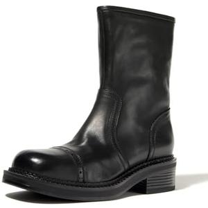 Women's Mid-Calf Cowboy Boots Western Style Zipper Boots Genuine Leather Chunky Heel Perfect for Skirts and Jeans, Black, 7