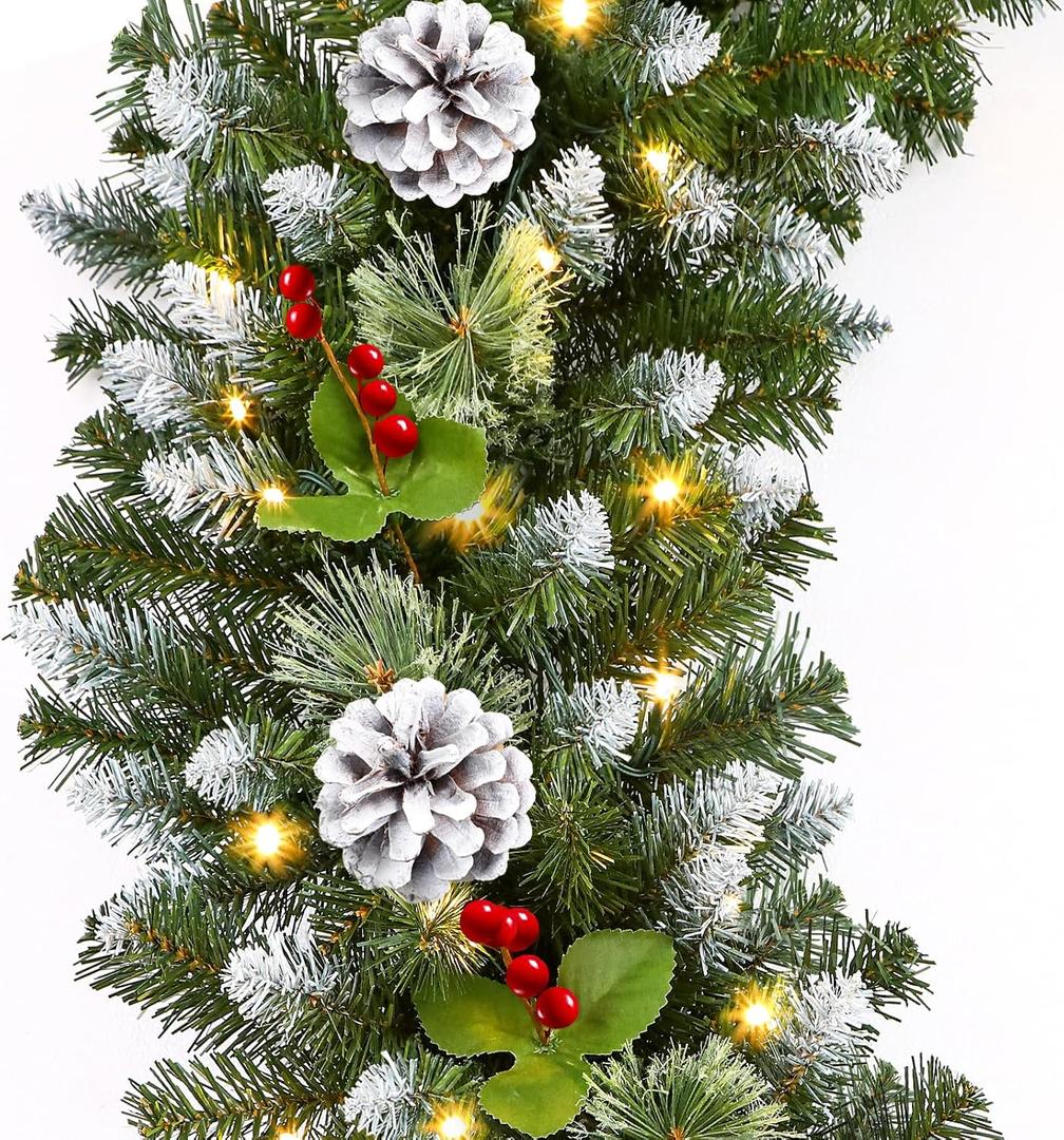 SHareconn 9FT Prelit Artificial Christmas Garland with Warm White & Multi-Color Lights with Timer Function, Pine Cones and Red Berries for Fireplace, Stairs Xmas Decoration, Green