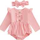 Newborn Baby Girl Outfit Ruffle Bubble Romper Long Sleeve Infant Bodysuit Jumpsuit with Headband Clothes (Pink)