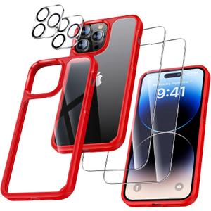 2 x UniqueMe [5 in 1 Design for iPhone 14 Pro 6.1 inch Case, 2 Pack Screen Protector Tempered Glass + 2 Pack Camera Lens Protector, [Non-Yellowing] Shockproof Ultra Thin Protective Cover - Red