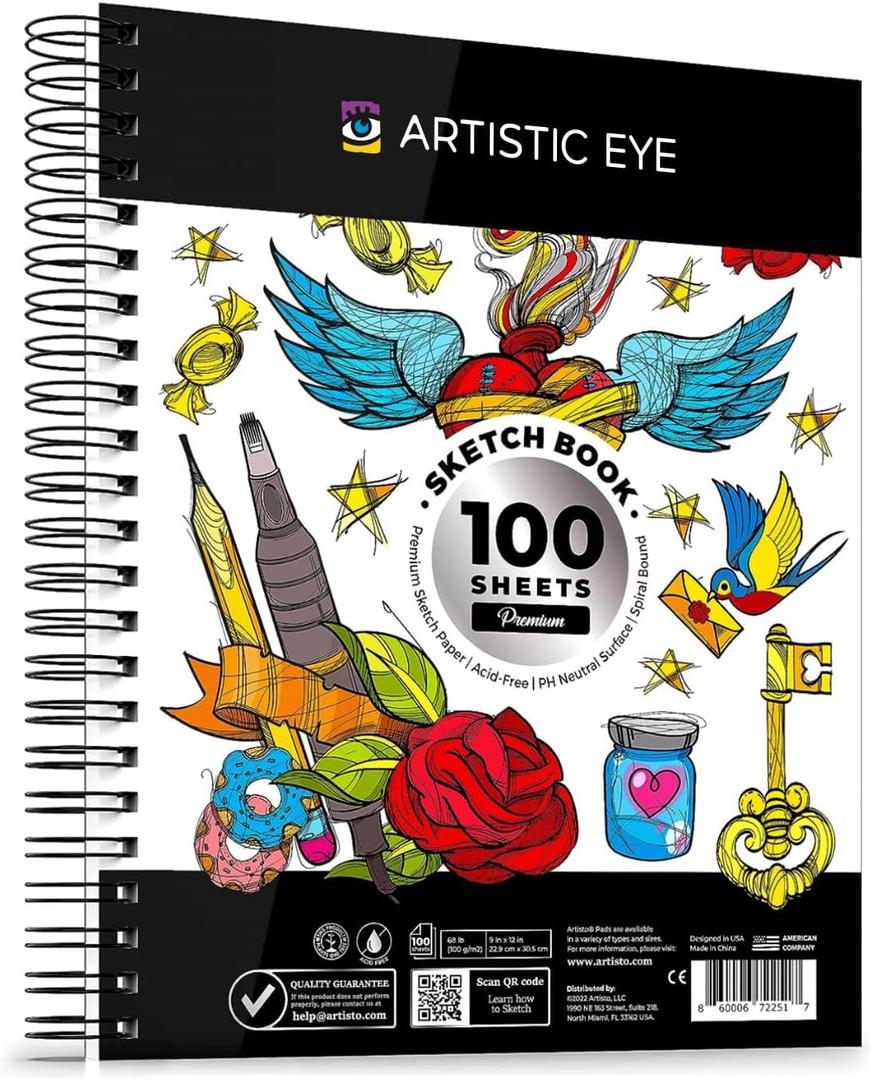 ARTISTIC EYE 9x12 Premium Sketch Book Set, 100 Sheets, Spiral Bound, 68lb (100gsm), Acid-Free Drawing Paper, Ideal for Beginners, Artists & Professionals (Set of 1)
