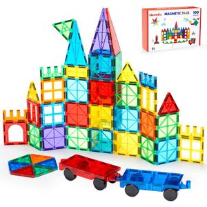 Gemmicc 100 PCS Magnetic Tiles with 2 Cars, STEM Approved Educational Magnet BuildingToys, Magnet Puzzles Stacking Blocks for Boys Girls