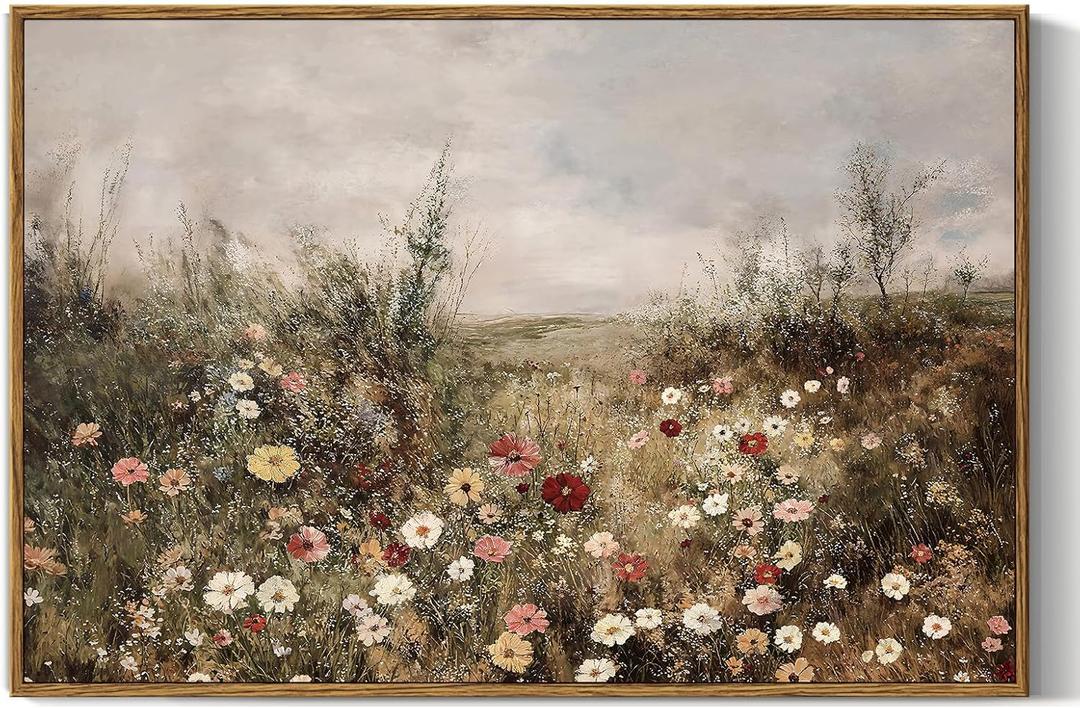 InSimSea Framed Canvas Prints Art Vintage Decor, Classical Wildflower Field Meadow Flowers Painting, Rustic Landscape Large Wall Art for Living Room Bedroom Home Bathroom Wall Decor, 16x24inch