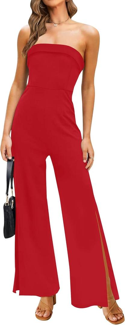 ZESICA Women's Strapless Jumpsuit Casual Off Shoulder High Waist Wide Leg Side Slit Long Romper Playsuits with Pockets (Red) Small