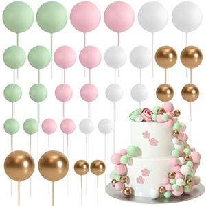 ASTARON Ball Cake Topper, 32 Pcs Foam & Wire Decorations, Mini Balloons Cake Topper Sticks, 4 Colors & Sizes for Wedding Party Birthday Cake Decorating
