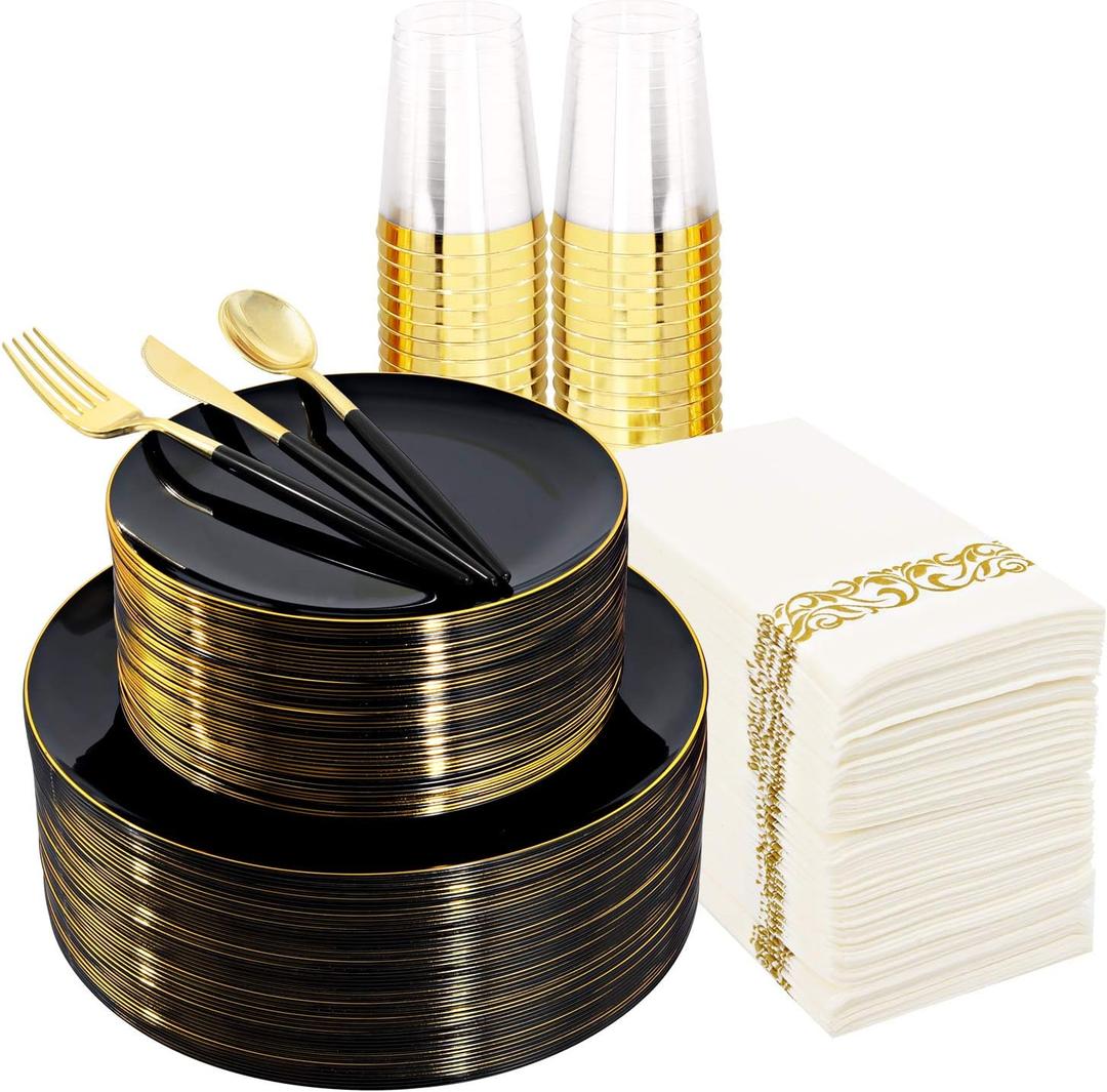 Supernal 350pcs Black Plastic Dinnerware Set,Black Plastic Plates with Gold Rim,Black and Gold Plastic Plates,Gold Plastic Silverware,Wedding Party Plates,Plastic Cups with Gold Rim for Christmas