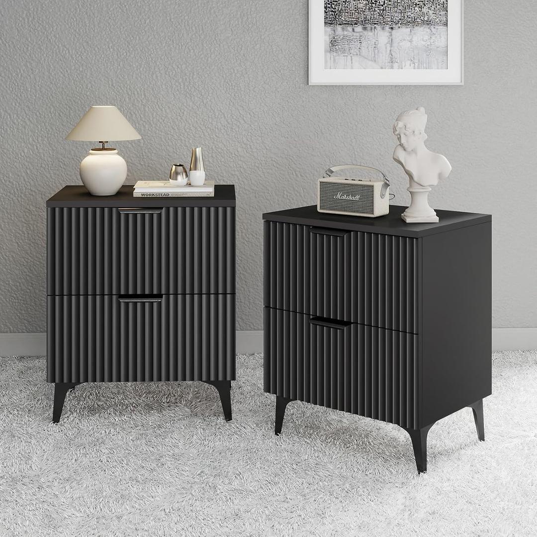 Wood Night Stand Set 2 Fluted Dresser for Bedroom 2 Drawers End Tables Nightstands Set of 2, Storage Modern Bedside Table Set of 2, Black Nightstand
