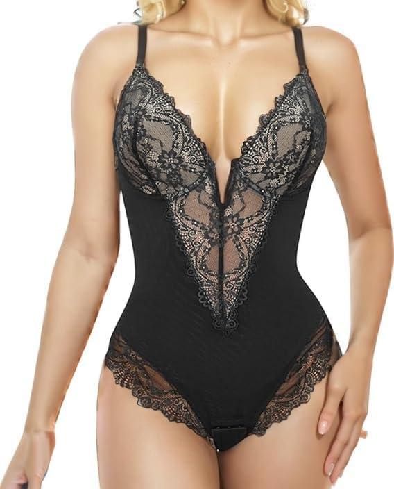 Sexy Lace Shapewear Bodysuit Women's Sleeveless V Neck Tummy Control Backless Thong Tank Tops Body Suit Shaper (Black, M)