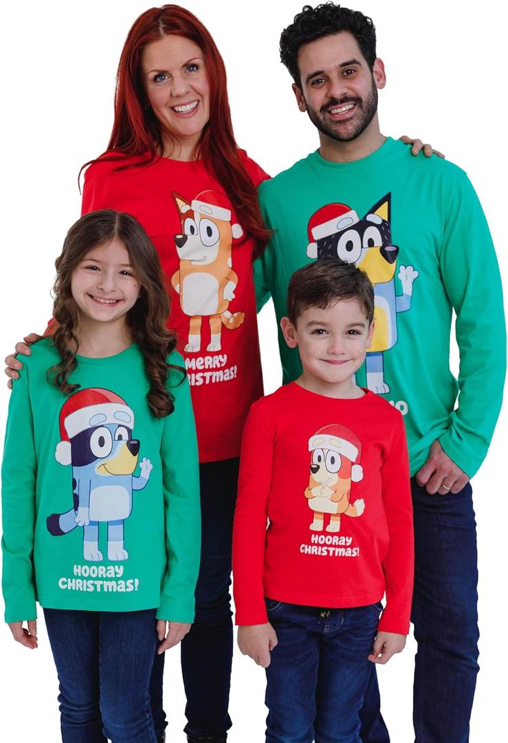 Bluey Bingo Christmas Toddler Girls Matching Family Long Sleeve T-Shirt, (Red/ Kids 3T)