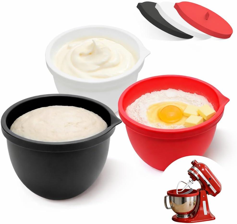 Silicone Liners for KitchenAid 5 Qt Tilt-Head Stand Mixer(Only), Odourless, Thicker, Cold/Heat-Resistant & Non-Stick, Easy Clean, Fits 5 Quart Mixing Bowl, Set of 3 with Lids (Red+White+Black)