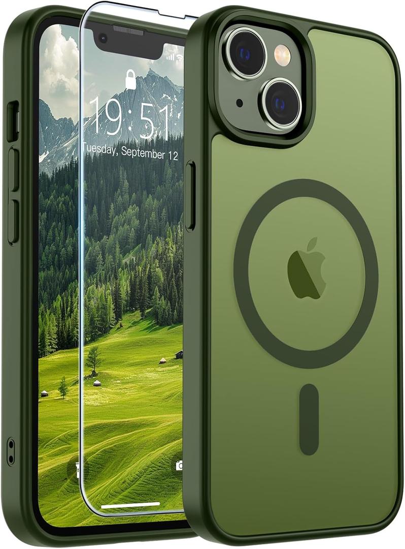 SUPFINE Magnetic for iPhone 14 Case & iPhone 13 Case (Compatible with MagSafe)(Military Grade Drop Protection) Translucent Matte Shockproof Phone Cover,Cangling Green