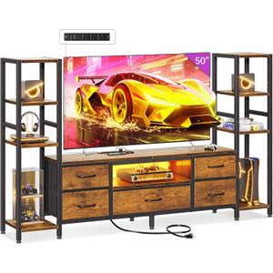 Casaottima TV Stand for 40/50/55 Inch TV, Low-Profile Entertainment Center with LED Lights & Power Outlet, TV Stand with Drawers & Open Shelves for Storage for Small Spaces/Gaming, Rustic Brown