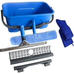 Squeegee with Shelf Storage for Window Cleaning,Window Cleaning Squeegee kit with Bucket&Microfiber Scrubber,Bathroom,Shower Doors,Mirrors,Tiles,and Car Windows Blue, 17.7"L x 10.63"W x 7.87"H