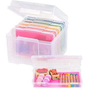 IRIS USA 5" x 7" Photo Storage Box Craft Keeper, Transparent Protection Container with 6 Organization Holder Cases for Pictures, Tasks, Scrapbooking, Ephemera, Stationery Storage, Clear