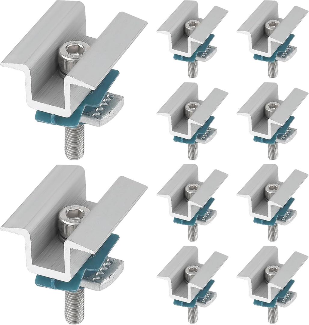10 Pcs Adjustable Solar Panel Clamps for Unistrut System Mounting Bracket, Wide PV Photovoltaic Support Mid, Secure Aluminum Hardware Roof Mount Kit with Nut Bolt Fit for Standard Roof