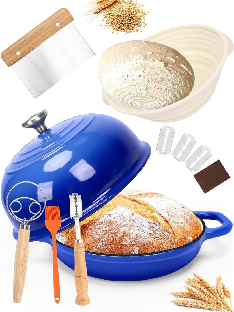 QuliMetal Dutch Oven Bread Baking- 5QT Enamel cast iron Oven with Sourdough Bread-Baking Supplies like Bread Proofing Basket, Scoring Lame, Dough Whisk for Sour dough, Bread-making Blue