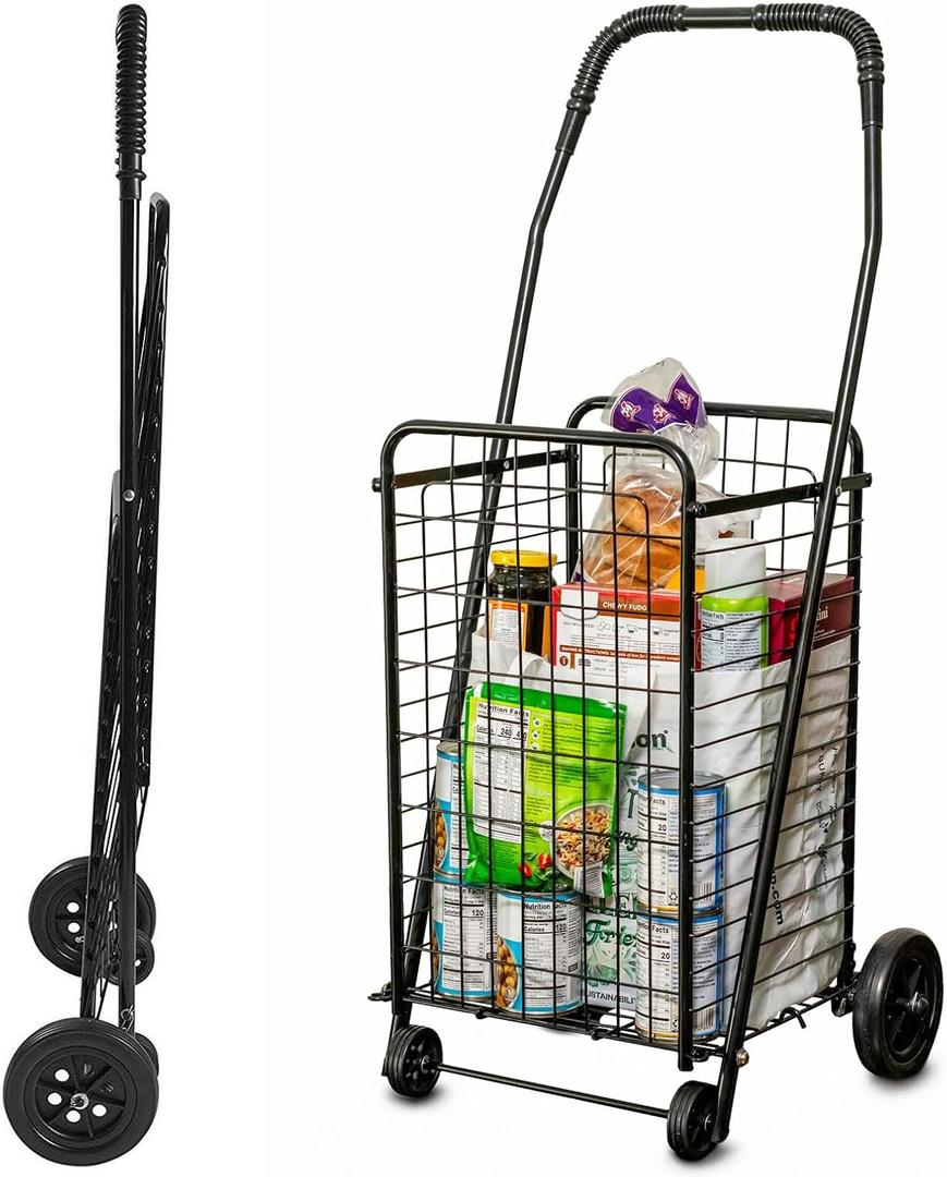 DMI Utility Cart with Wheels to be used as a Shopping Cart, Grocery Cart, Laundry Cart and Stair Climber Cart, Weighs 7.5 Pounds but holds up to 90 Pounds, Compact and Foldable, Black