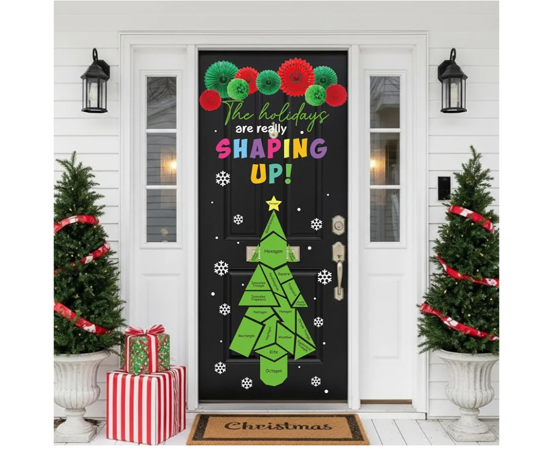 Motipuns 53 Pcs 3D Christmas Door Decor Winter Holidays Math Bulletin Board for Math Classroom Geometric Shapes Christmas Tree Cutout with Paper Flower for Xmas Library Teacher Office Party Decors