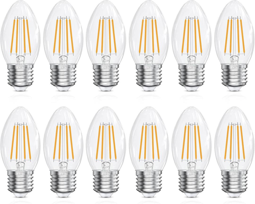 E26 Base LED Candelabra Light Bulbs 2700K Soft White, 6W, 60 watt Equivalent, E26 LED Bulb, B10 Chandelier Candle Light Bulbs, Non-Dimmable, 90+CRI, 600LM, Cear Glass, 12 Pack
