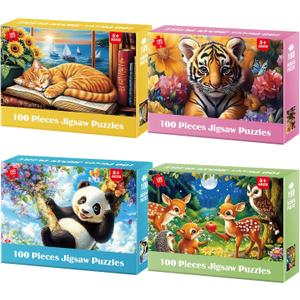Jeacirio 4-Pack 100 Pieces Puzzles for Kids Ages 4-6 6-8 Panda Tiger Deer Cat Puzzles 100 Pieces Jigsaw Puzzles for Kids 8-10 Year Old, Large Piece Puzzle for Seniors, Puzzle Toys for Boys and Girls