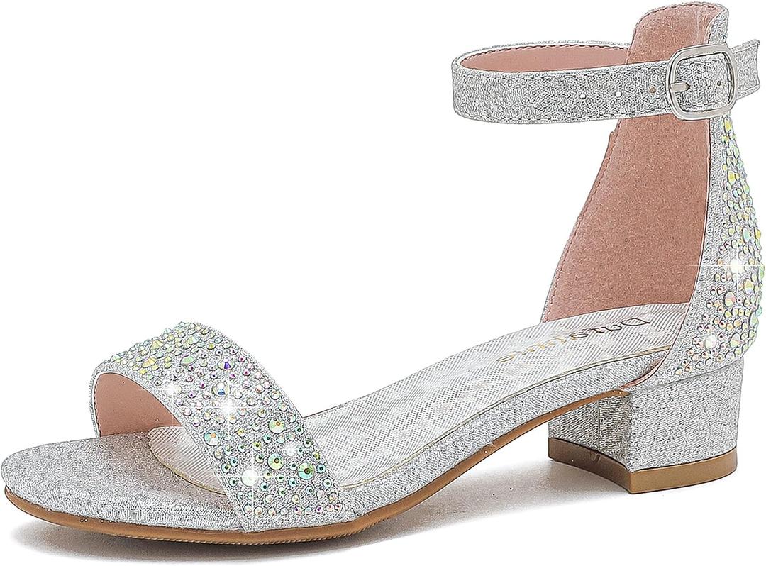 Dufannie Girls Sandals Low Heels Dress Pump Ankle Strap Open Toe Flower Girl Wedding Party for Toddler Little Big Kid (Silver)