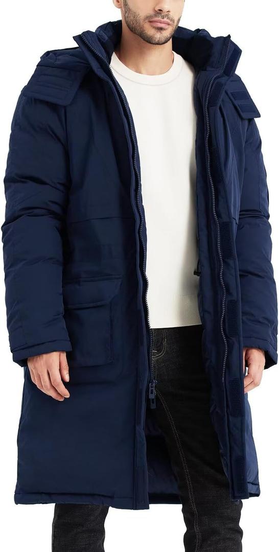 Men's Extra Long Parka Winter Coats Hooded Puffer Jacket Heavy Warm Water-resistant Outerwear Cold Weather (XL, Navy)