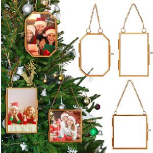 Qunclay 6 Pcs 2x3 2.5x3.5 3.2x3.2 Christmas Brass Picture Frame Ornaments Square Rectangle Octagon Christmas Metal Double Glass Hanging Photo Frame with Metal Chain for Xmas Tree Decorations(Gold)