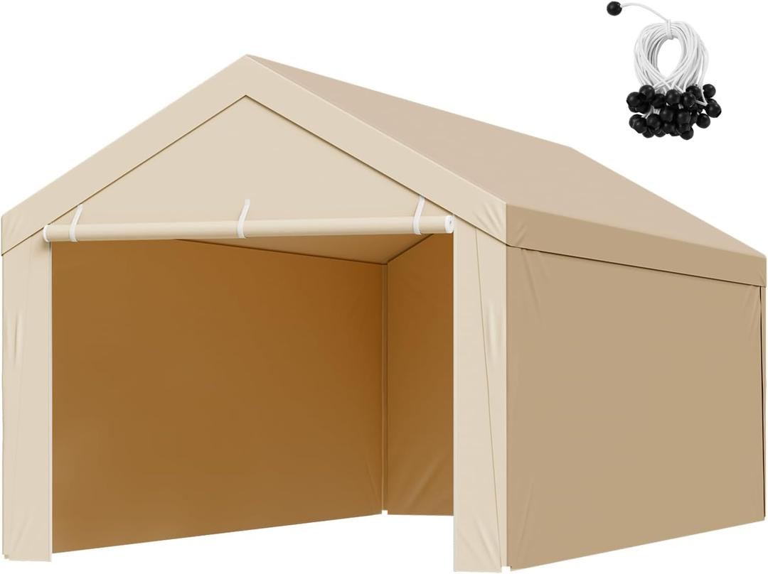 VEVOR Carport Replacement Canopy, 10 x 20 ft Potable Garage Tent Top Tarp with Sidewalls, UV-Resistant & Waterproof, Heavy Duty Car Shelter Tarp with Ball Buggees, Beige, Frame Not Included