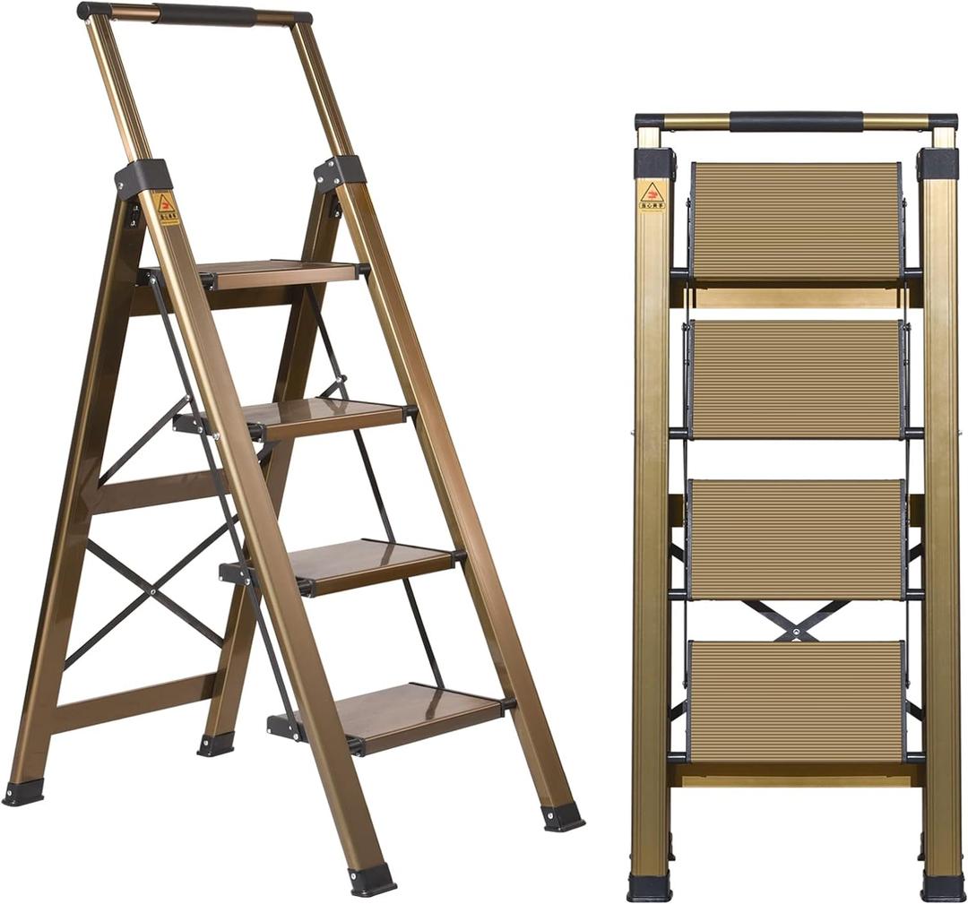 XinSunho 4 Step Ladder, Aluminum 4 Step Stool with Retractable Handrail and Anti-Slip Wide Pedal, Folding Stool Ladders 4 Steps, 330lbs Safety Household Slim Ladder (Brown Gold)