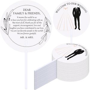 100 Pcs Wedding Hand Fans for Guests Bulk Plastic Round Decorative Fans with Handle for Wedding Party Favors(Bride and Groom Style)