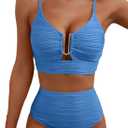 Herseas Women's Textured V Neck Bikini Set Metal U Notch High Cut Bathing Suit Ribbed Sexy 2026 Slimming Swim Suits Casual Swimwear Vacation Outfits Summer (Blue, Medium)
