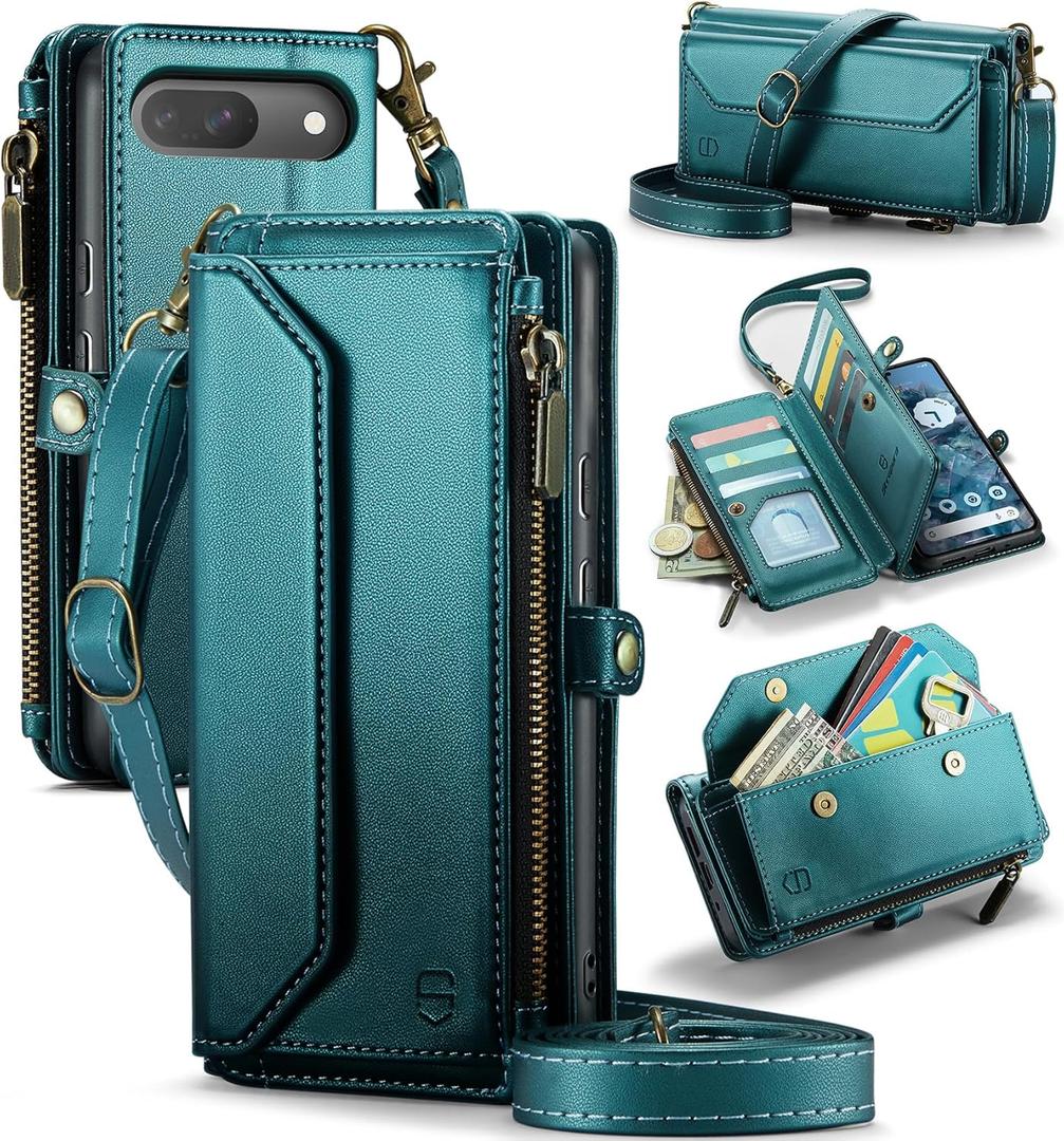 Crossbody Wallet Case Compatible with Google Pixel 9/9 Pro RFID Blocking 10-Card Holder Soft PU Leather Magnetic Snap Shoulder Strap Zipper Phone Case Fit for Pixel 9/Pixel 9 Pro, Bluegreen