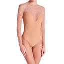 Clispiy Mesh Pearl Top Sheer Bodysuit For Women Pearl Long Sleeve Bodysuit With Snap Crotch, Size M