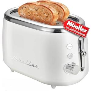 Mueller Retro Toaster 2 Slice with 7 Browning Levels and 3 Functions: Reheat, Defrost & Cancel, Stainless Steel Features, Removable Crumb Tray, Under Base Cord Storage, White