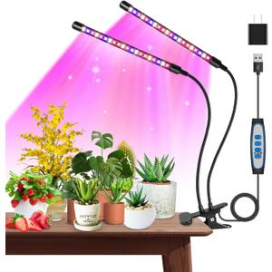 Garpsen Grow Lights for Indoor Plants, Grow Light with Red Blue Full Spectrum, 2 Heads Clip 40 LEDs Plant Light for Indoor Plants, 3 Switch Modes & Auto ON/Off, 6 12 16H Timer, 5 Dimmable Levels
