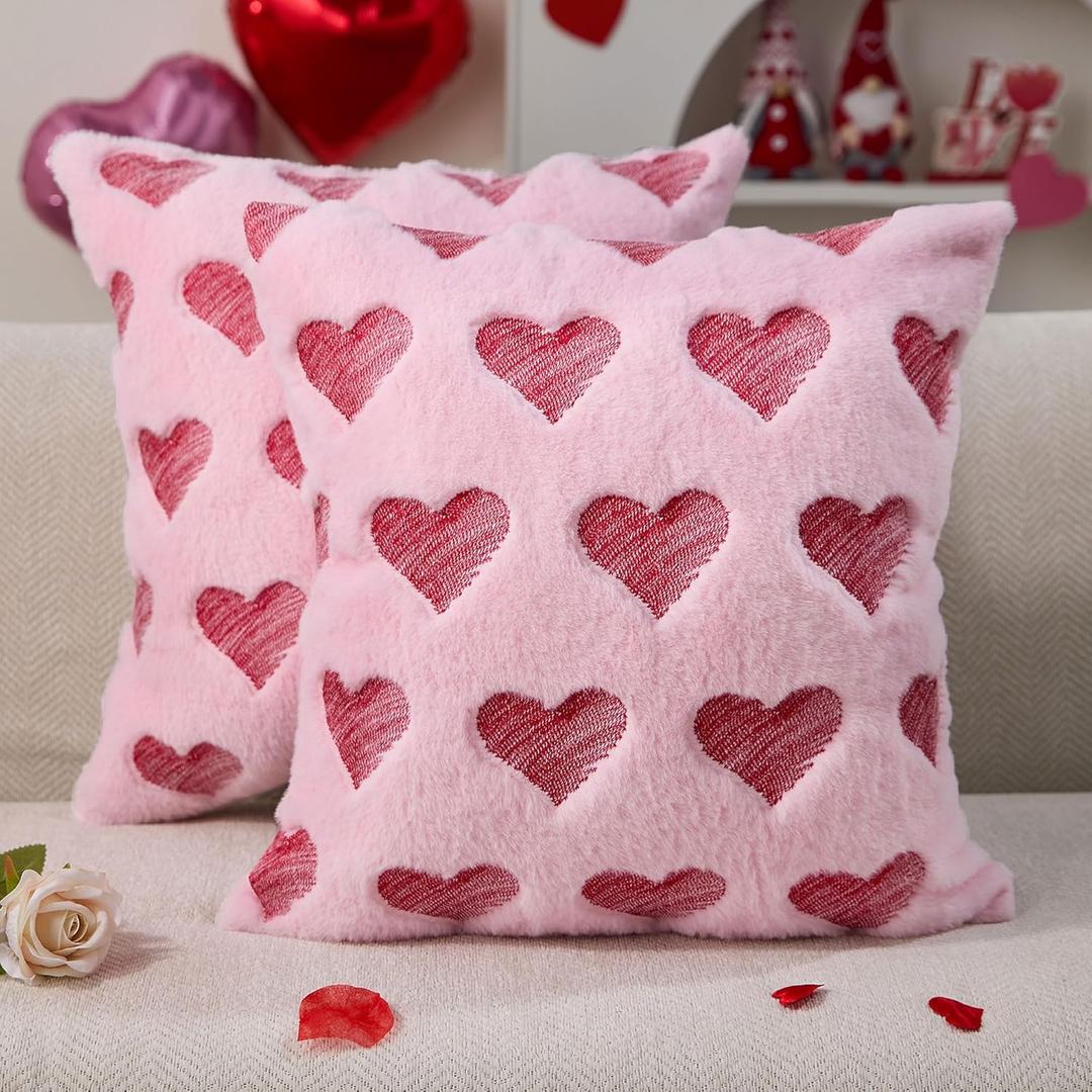 DFXSZ Valentines Pillow Covers 18x18 inch Set of 2 Valentines Day Decoration Red Embroidery Heart Soft Plush Faux Fur Jacquard Pink Throw Pillowcase for Bedroom Sofa Holiday Home Decor PTK073B18