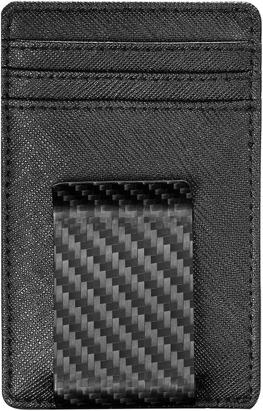 Travelambo Money Clip for Men Wallet Leather Slim Minimalist Card Holder RFID Blocking (Weaved Black) (Black Cros with Matte Clip)