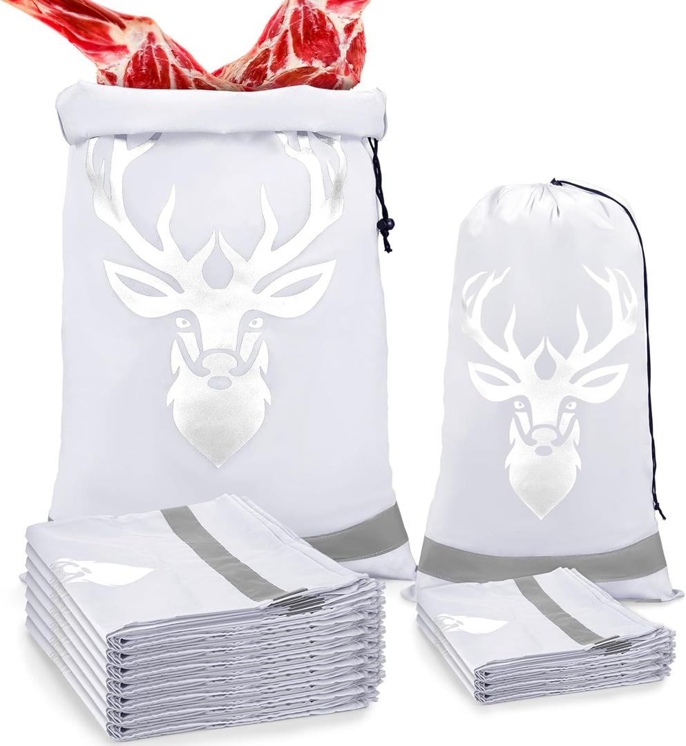 Locmeo 10 Pcs Game Bags for Hunting Reusable Lightweight Waterproof Heavy Duty Wild Game Meat Bags with Reflective Tags Durable Washable Backcountry Big Hunting Bag for Elk Caribou Deer(White, S + L)