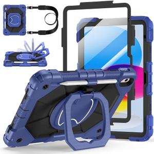 Case for iPad A16 11th/10th Generation 11 inch/10.9 inch 2025/2022, Ubearkk for iPad a16 case with Screen Protector, 360 Degree Rotating Stand Shoulder Strap Pencil Holder, Navy Black