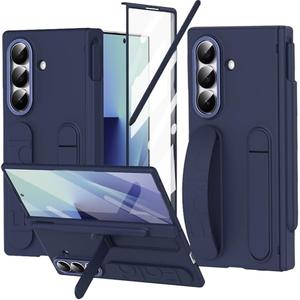 YQODSZ Finger Strap for Samsung Galaxy Z Fold 7 Case with S Pen Holder & Stylus, Z Fold7 Hand Strap Case Kickstand Full Coverage Screen Protector Hinge Protection Wristband Cover for Z Fold 7 Blue