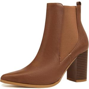 Chelsea Ankle Boots for Women Chunky Block Heel Booties Pointed Toe Stack Heel Brown Black Boots Dress Shoes Elastic Gore Slip On Comfortable Chelsea Boots (Brown, XL)